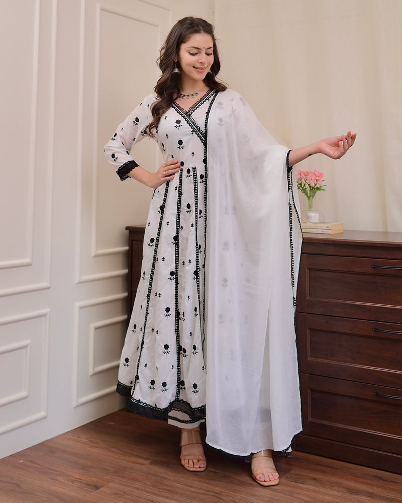 White Black Chikankari Cotton Anarkali Suit