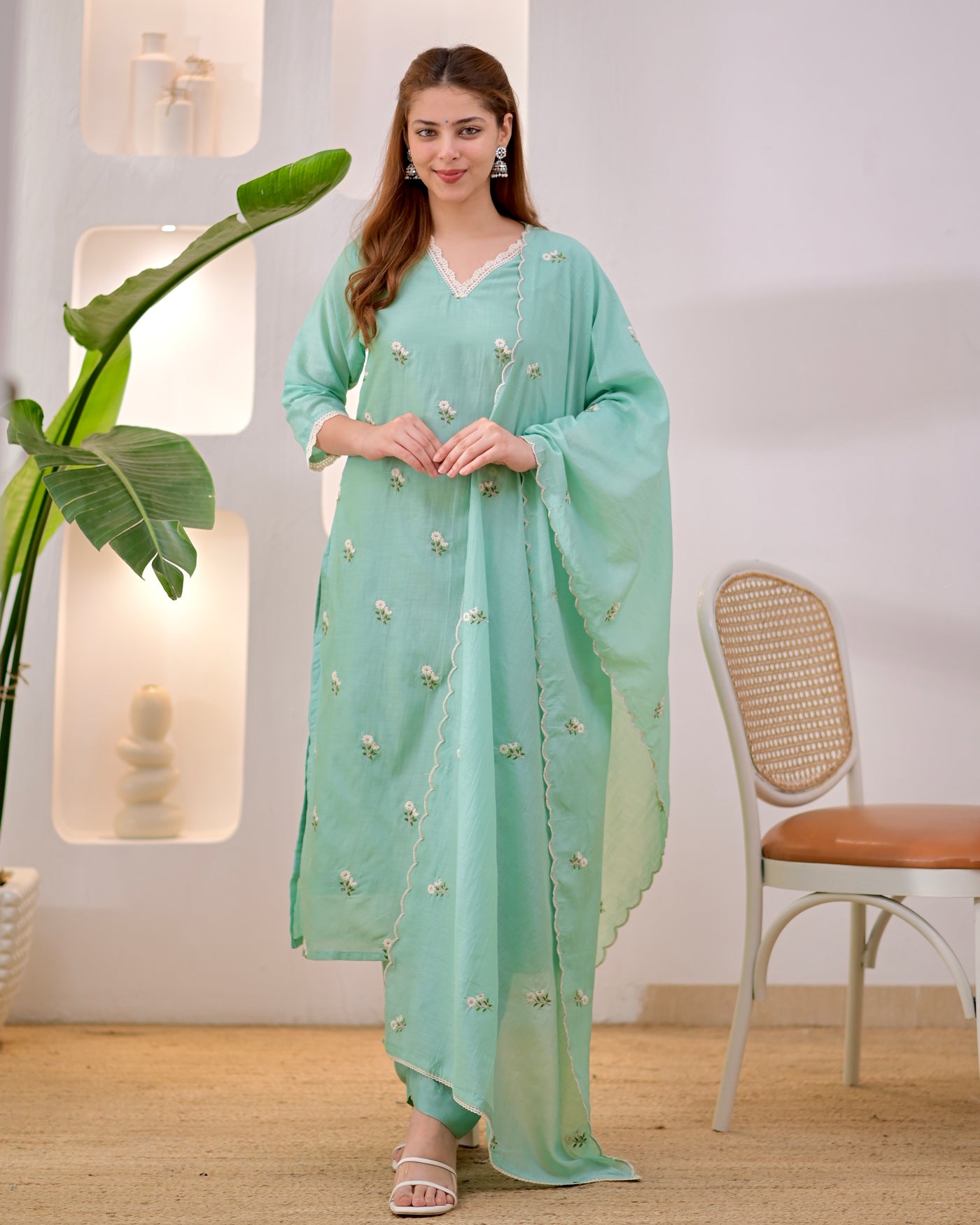 Aqua Flora Mul Chanderi Threadwork Suit