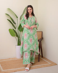 Green Baroque A Line Cotton Kurta Set