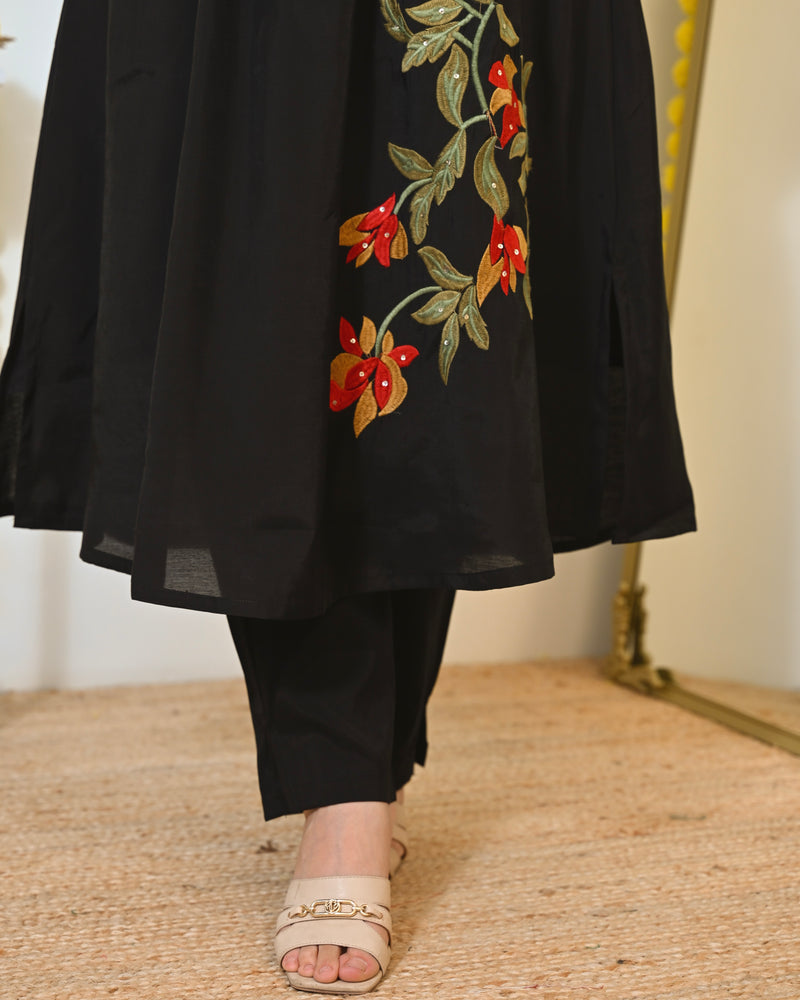Black A Line Threadwork Roman Silk Kurta Set