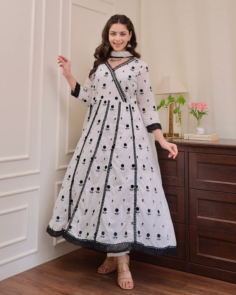 White Black Chikankari Cotton Anarkali Suit