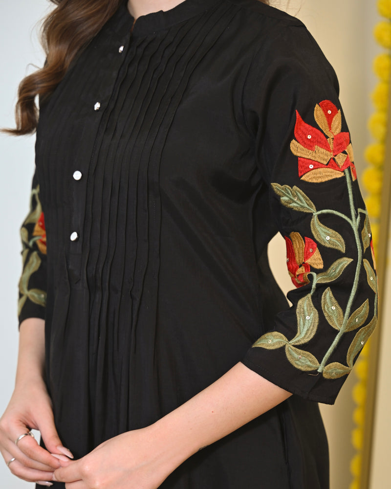 Black A Line Threadwork Roman Silk Kurta Set