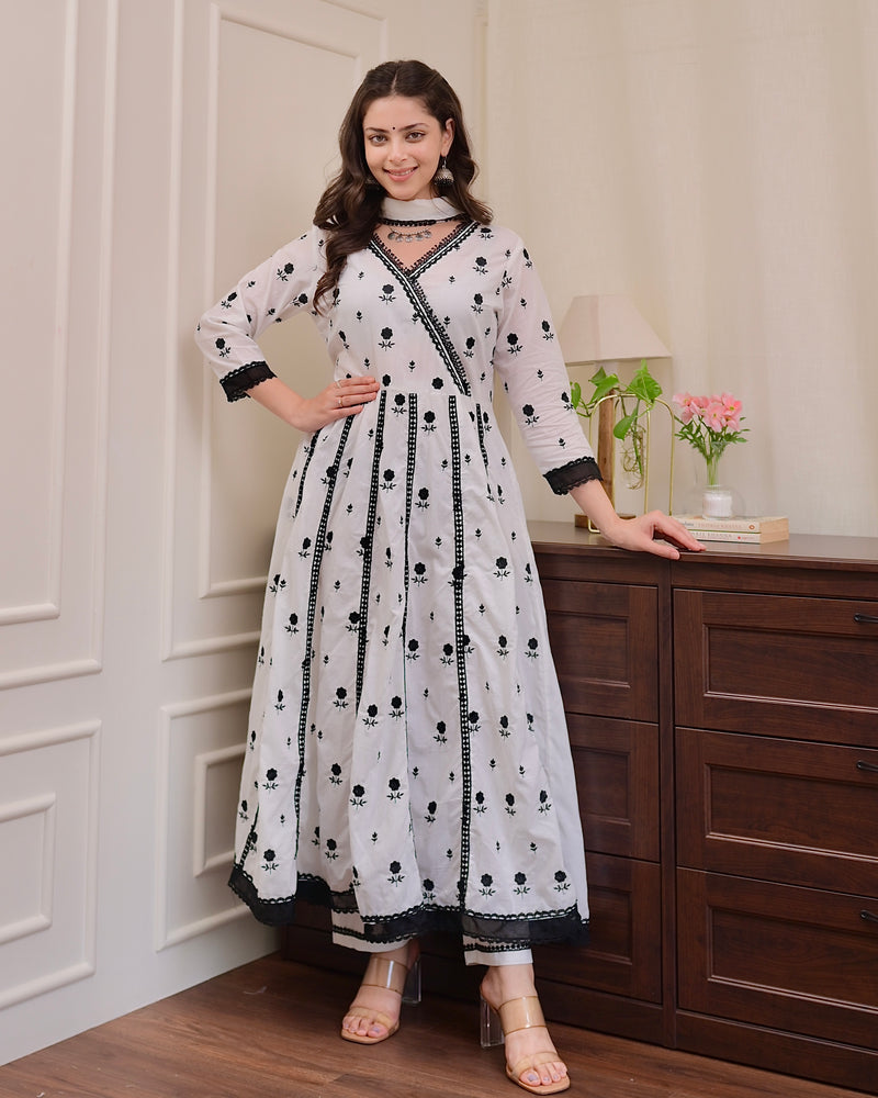 White Black Chikankari Cotton Anarkali Suit