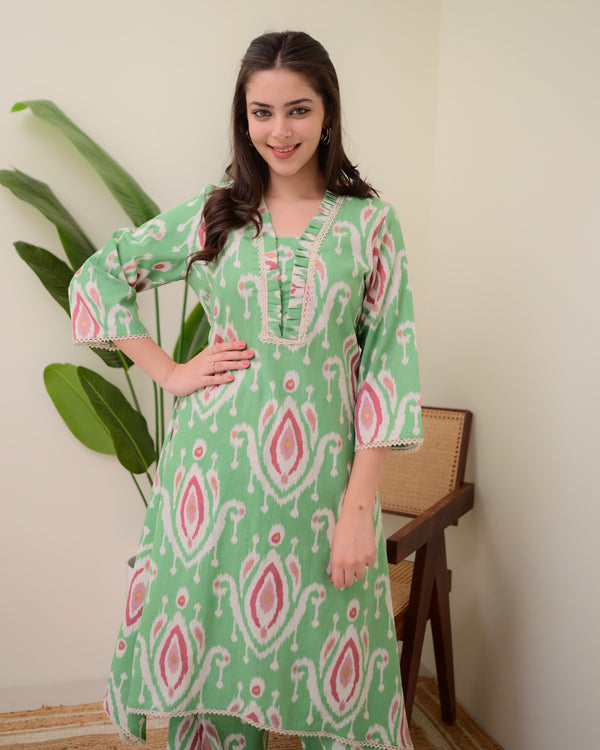 Green Baroque A Line Cotton Kurta Set