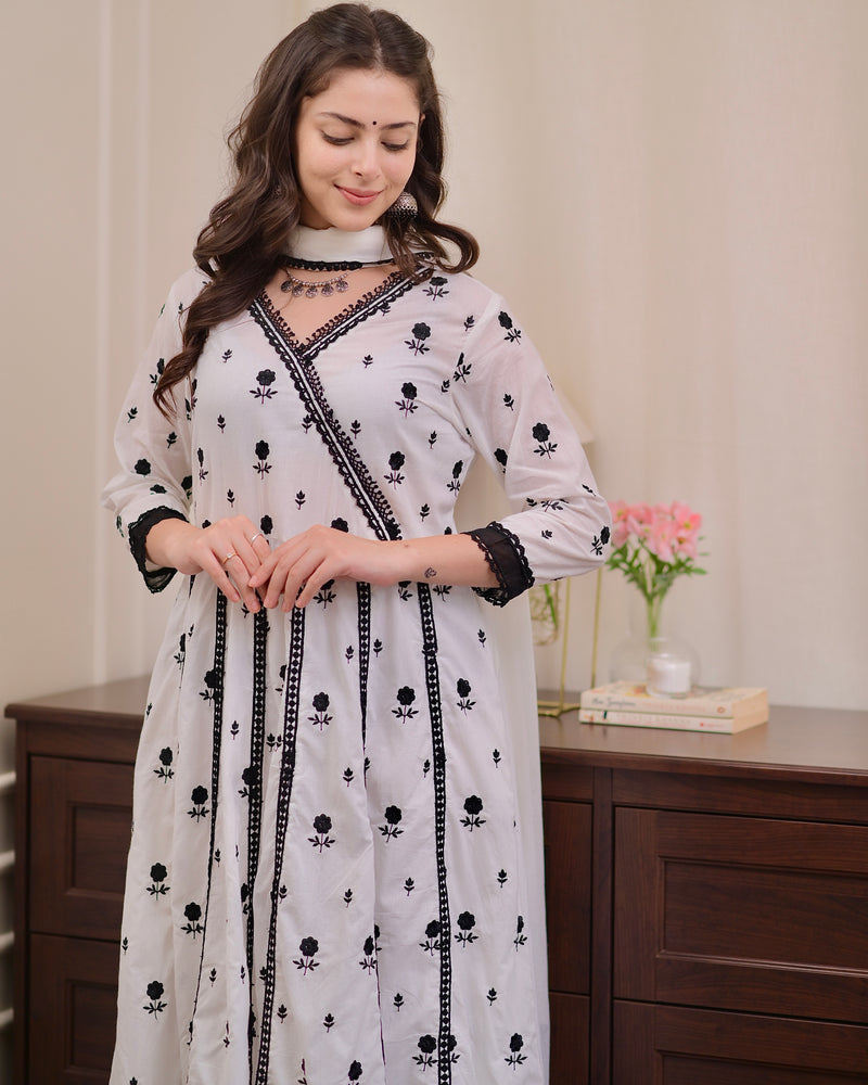 White Black Chikankari Cotton Anarkali Suit