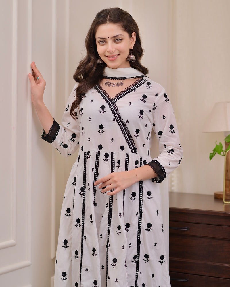 White Black Chikankari Cotton Anarkali Suit