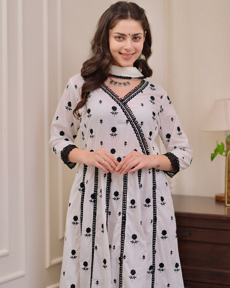 White Black Chikankari Cotton Anarkali Suit
