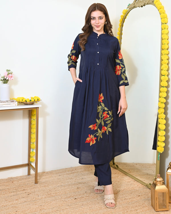 Navy Blue A Line Threadwork Roman Silk Kurta Set