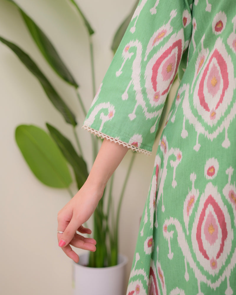 Green Baroque A Line Cotton Kurta Set