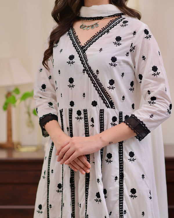 White Black Chikankari Cotton Anarkali Suit