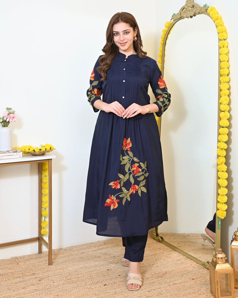 Navy Blue A Line Threadwork Roman Silk Kurta Set