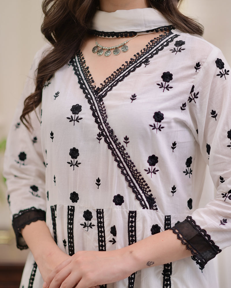 White Black Chikankari Cotton Anarkali Suit