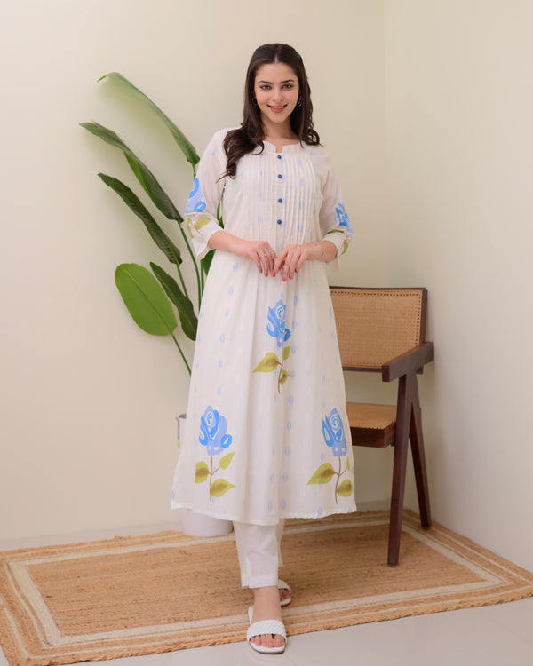 Blue Rose Pintex Mul Cotton A Line Kurta Set