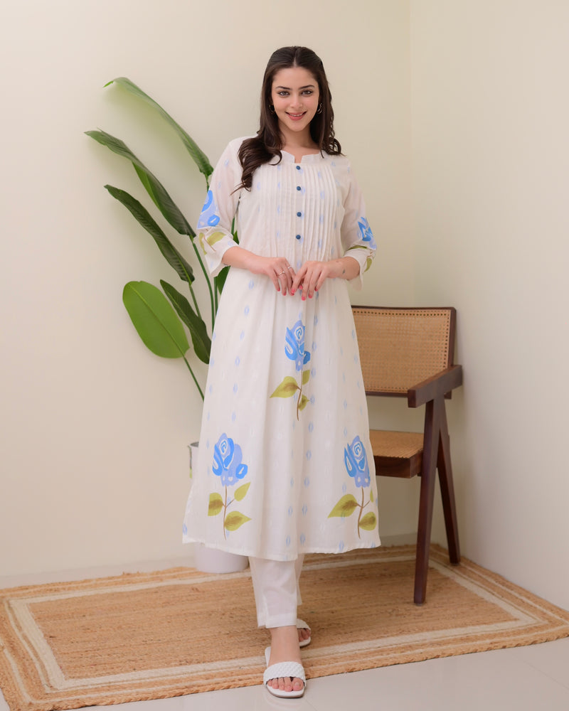 Blue Rose Pintex Mul Cotton A Line Kurta Set