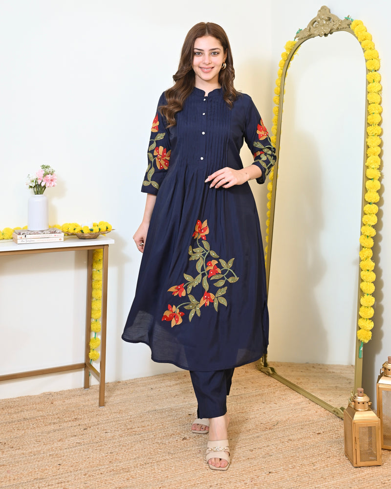 Navy Blue A Line Threadwork Roman Silk Kurta Set