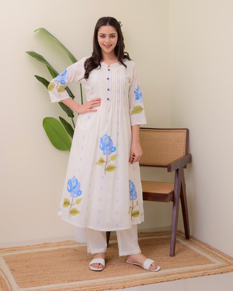 Blue Rose Pintex Mul Cotton A Line Kurta Set