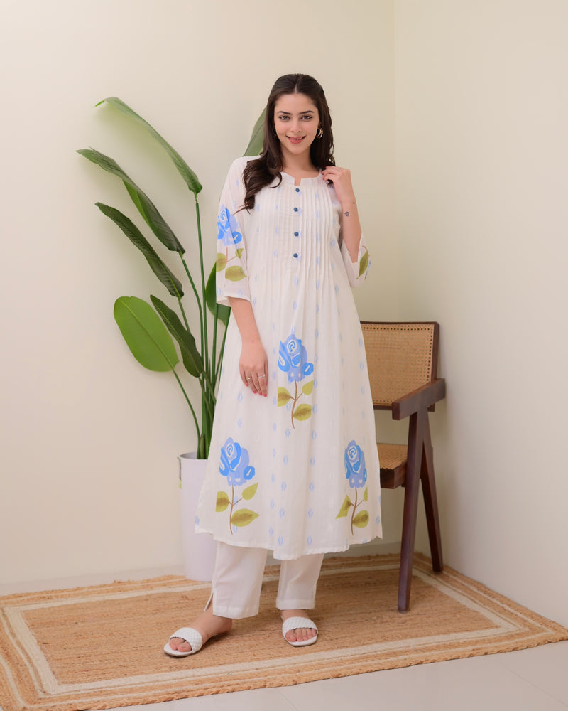 Blue Rose Pintex Mul Cotton A Line Kurta Set