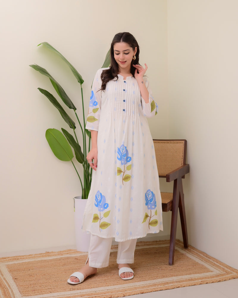 Blue Rose Pintex Mul Cotton A Line Kurta Set