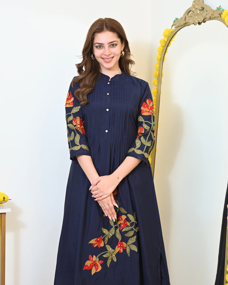 Navy Blue A Line Threadwork Roman Silk Kurta Set