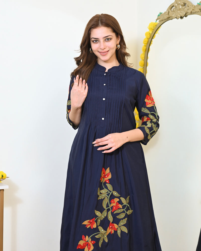 Navy Blue A Line Threadwork Roman Silk Kurta Set