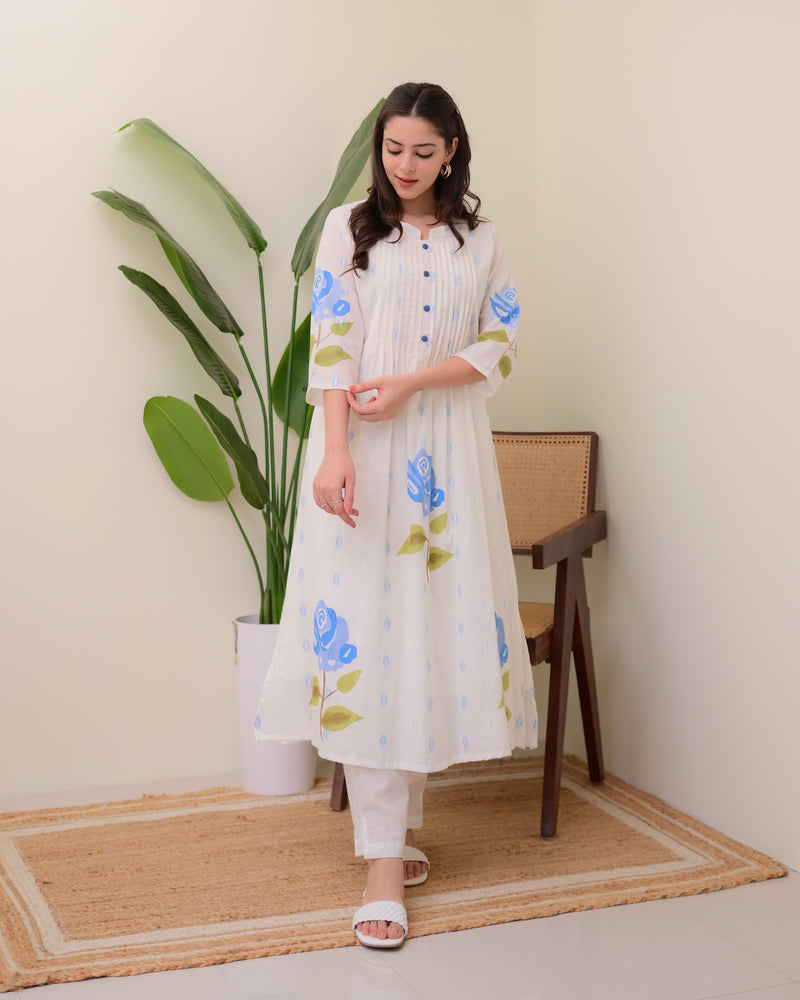 Blue Rose Pintex Mul Cotton A Line Kurta Set