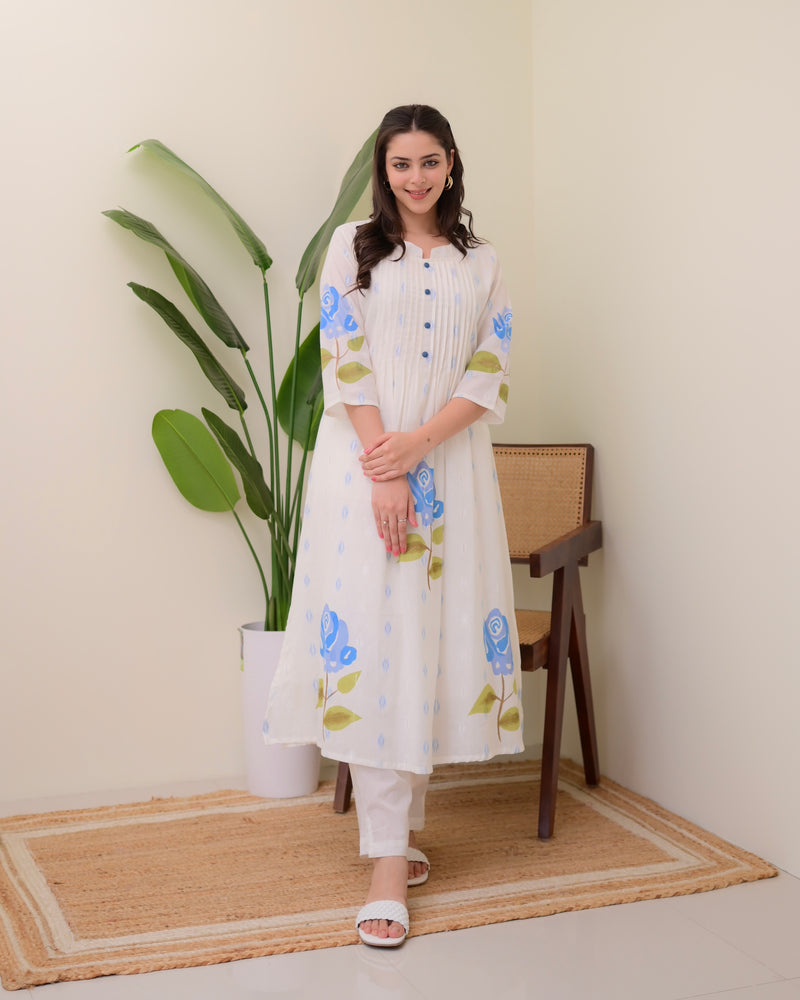Blue Rose Pintex Mul Cotton A Line Kurta Set