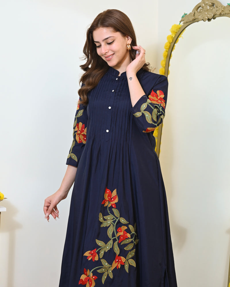 Navy Blue A Line Threadwork Roman Silk Kurta Set