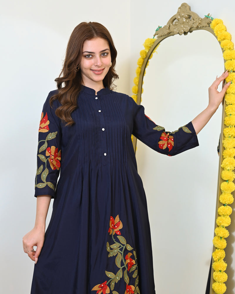 Navy Blue A Line Threadwork Roman Silk Kurta Set