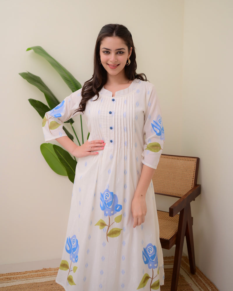 Blue Rose Pintex Mul Cotton A Line Kurta Set