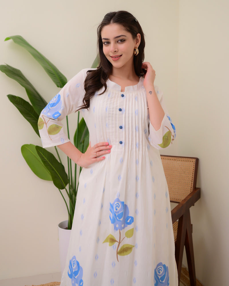 Blue Rose Pintex Mul Cotton A Line Kurta Set