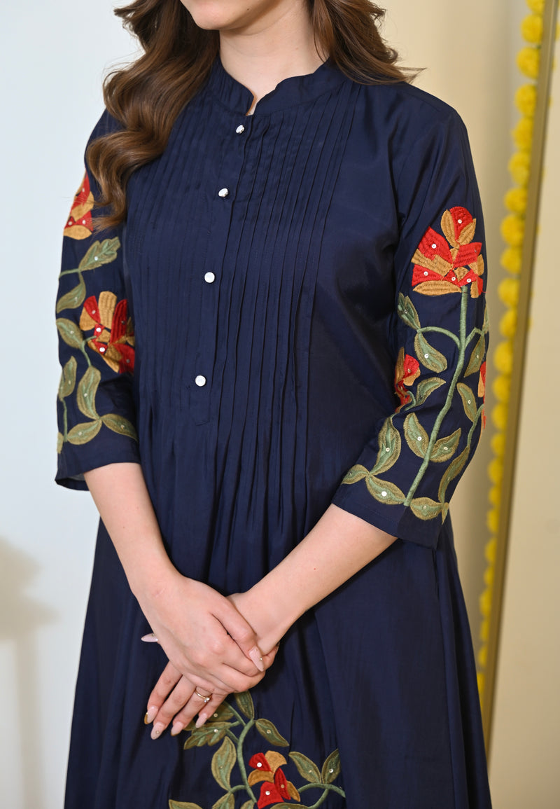 Navy Blue A Line Threadwork Roman Silk Kurta Set