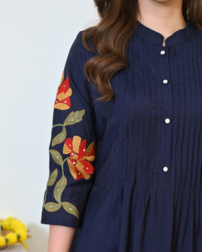 Navy Blue A Line Threadwork Roman Silk Kurta Set