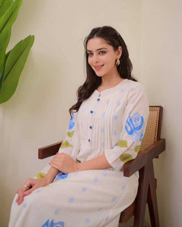 Blue Rose Pintex Mul Cotton A Line Kurta Set