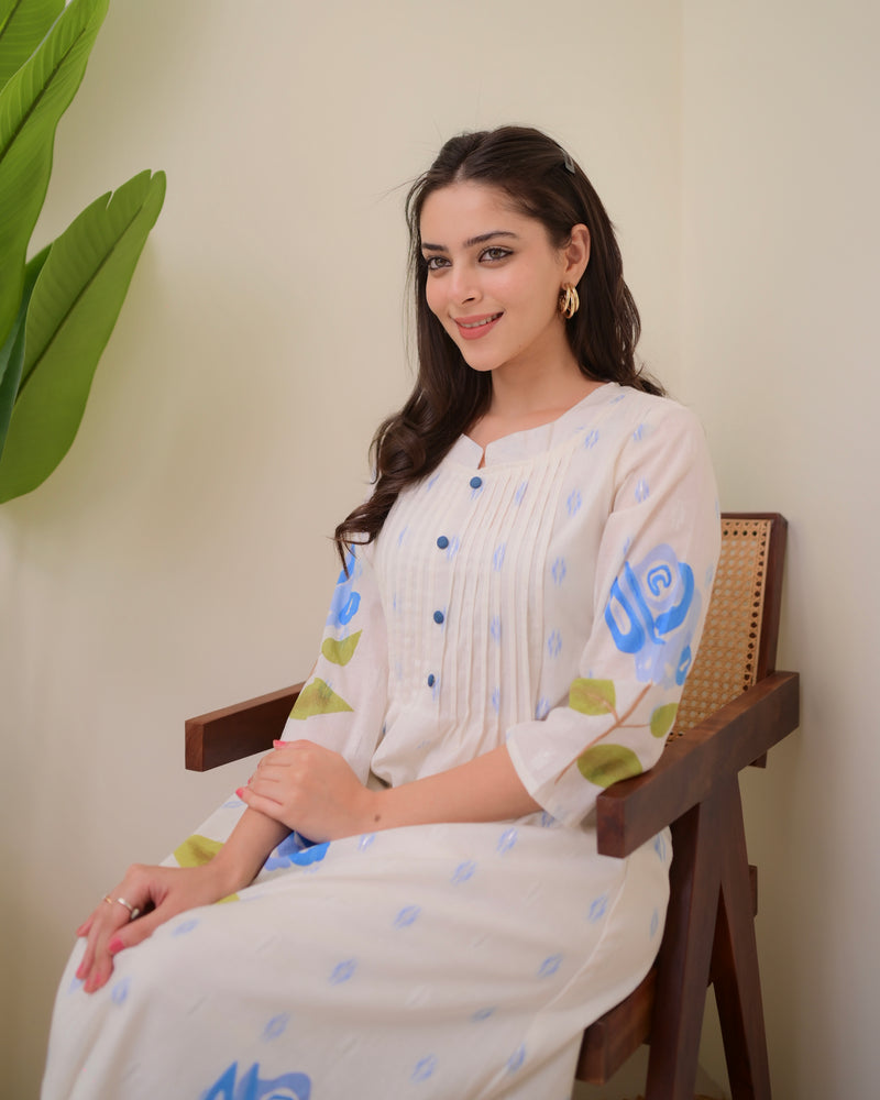 Blue Rose Pintex Mul Cotton A Line Kurta Set