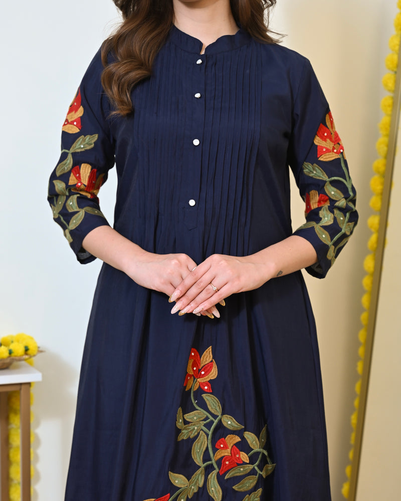 Navy Blue A Line Threadwork Roman Silk Kurta Set