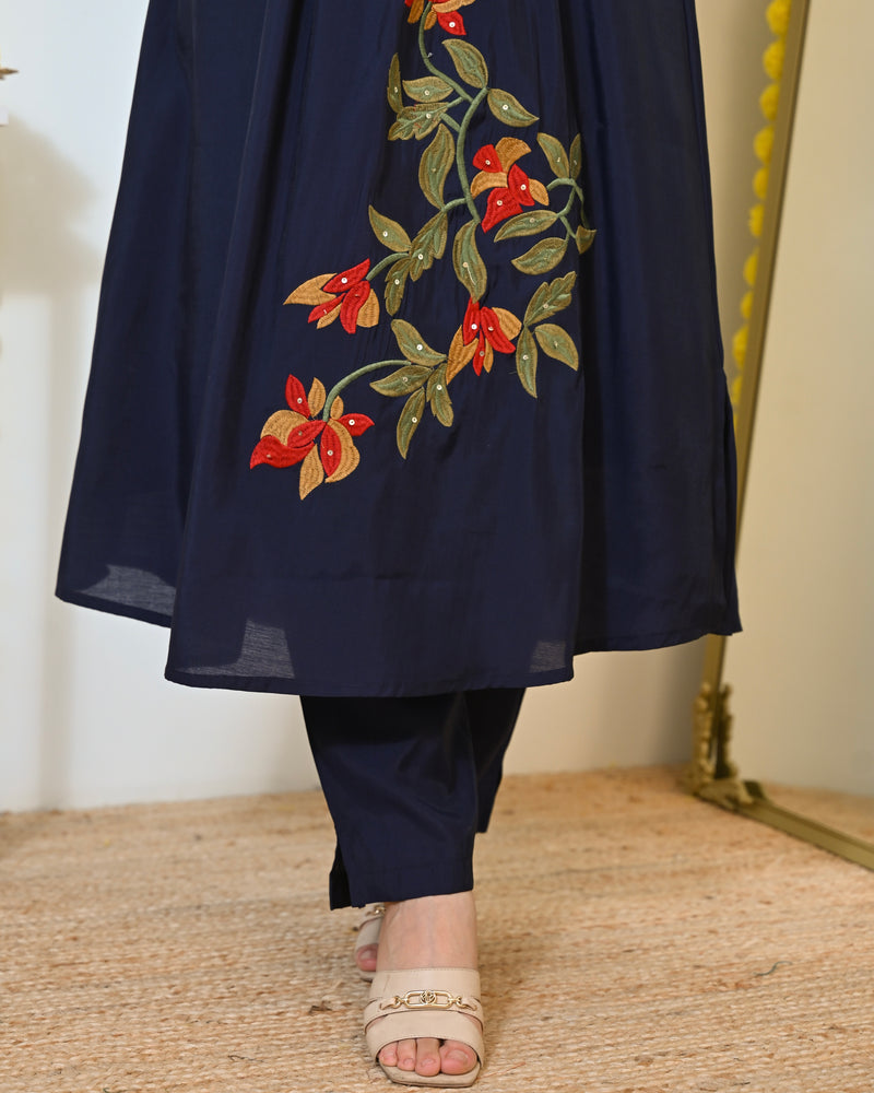 Navy Blue A Line Threadwork Roman Silk Kurta Set