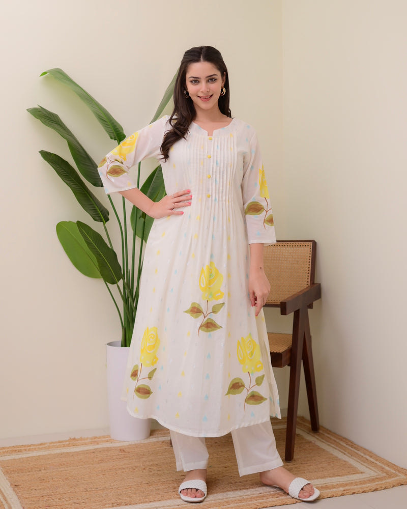 Yellow Rose Pintex Mul Cotton A Line Kurta Set