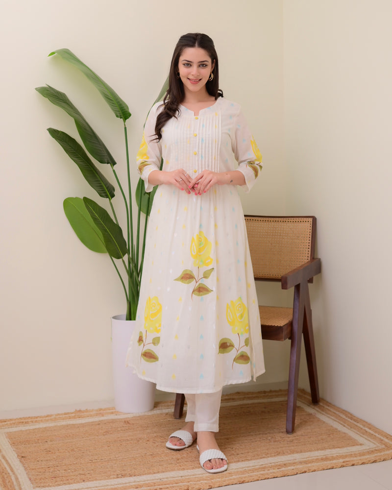 Yellow Rose Pintex Mul Cotton A Line Kurta Set