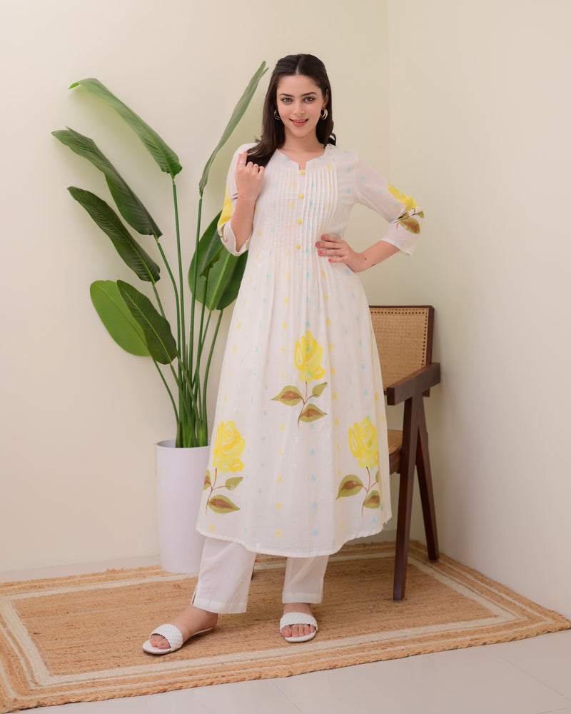 Yellow Rose Pintex Mul Cotton A Line Kurta Set