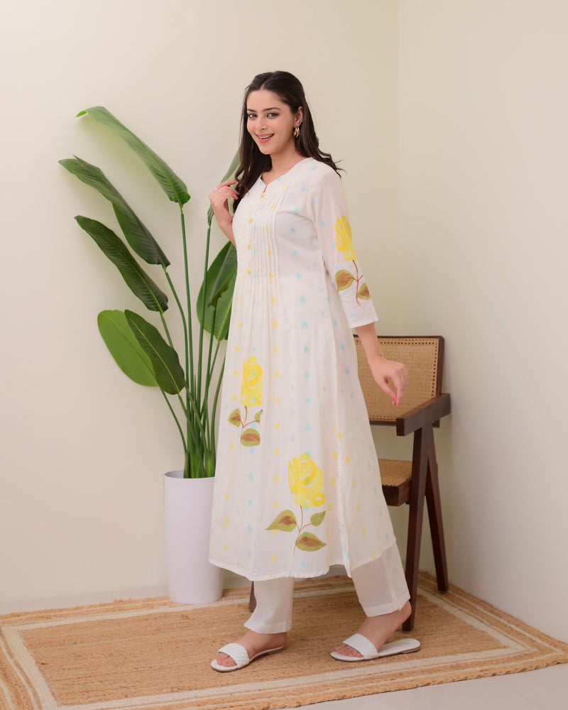 Yellow Rose Pintex Mul Cotton A Line Kurta Set