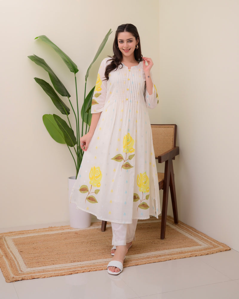 Yellow Rose Pintex Mul Cotton A Line Kurta Set