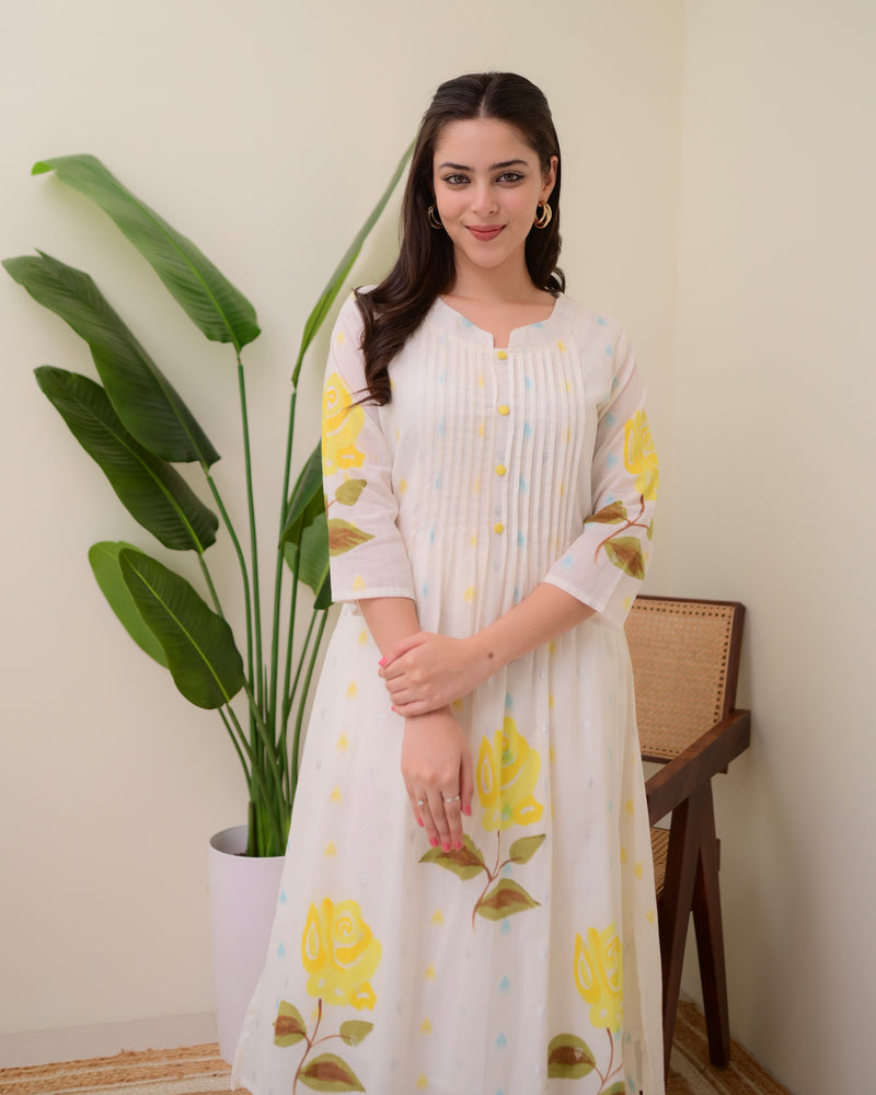 Yellow Rose Pintex Mul Cotton A Line Kurta Set