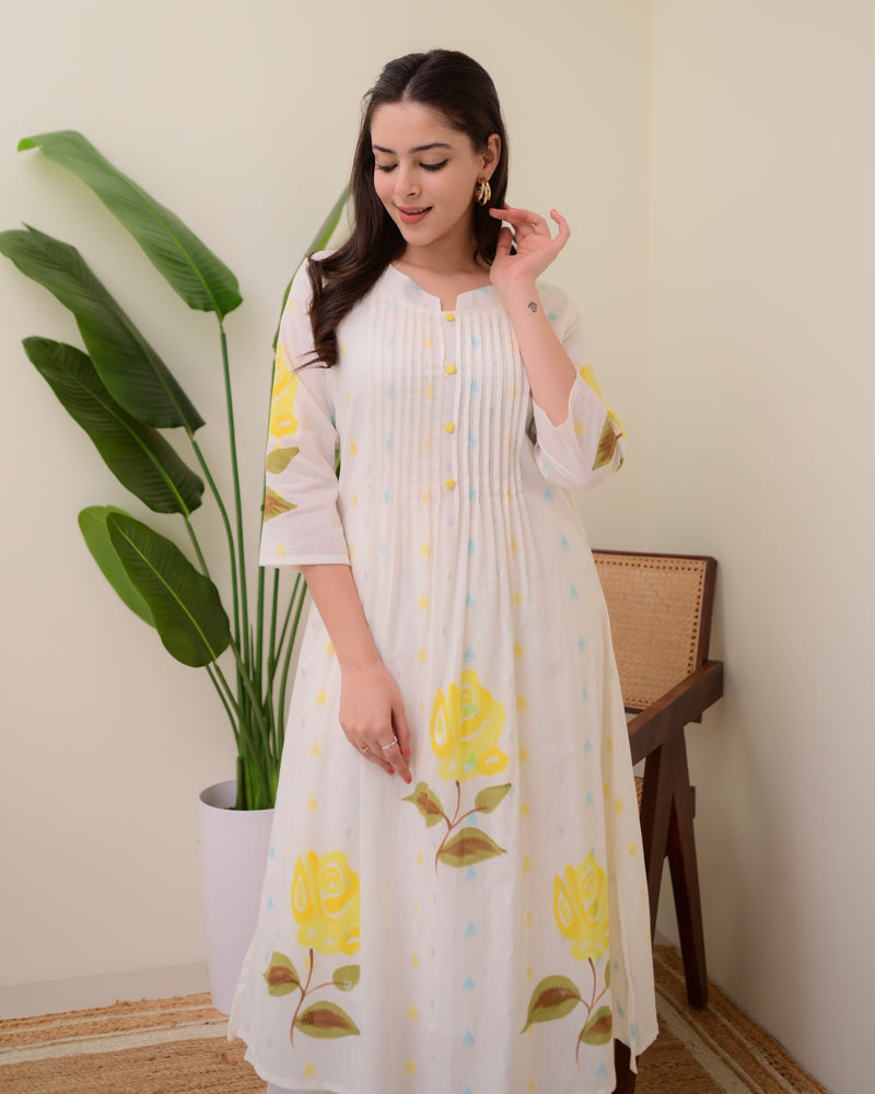 Yellow Rose Pintex Mul Cotton A Line Kurta Set