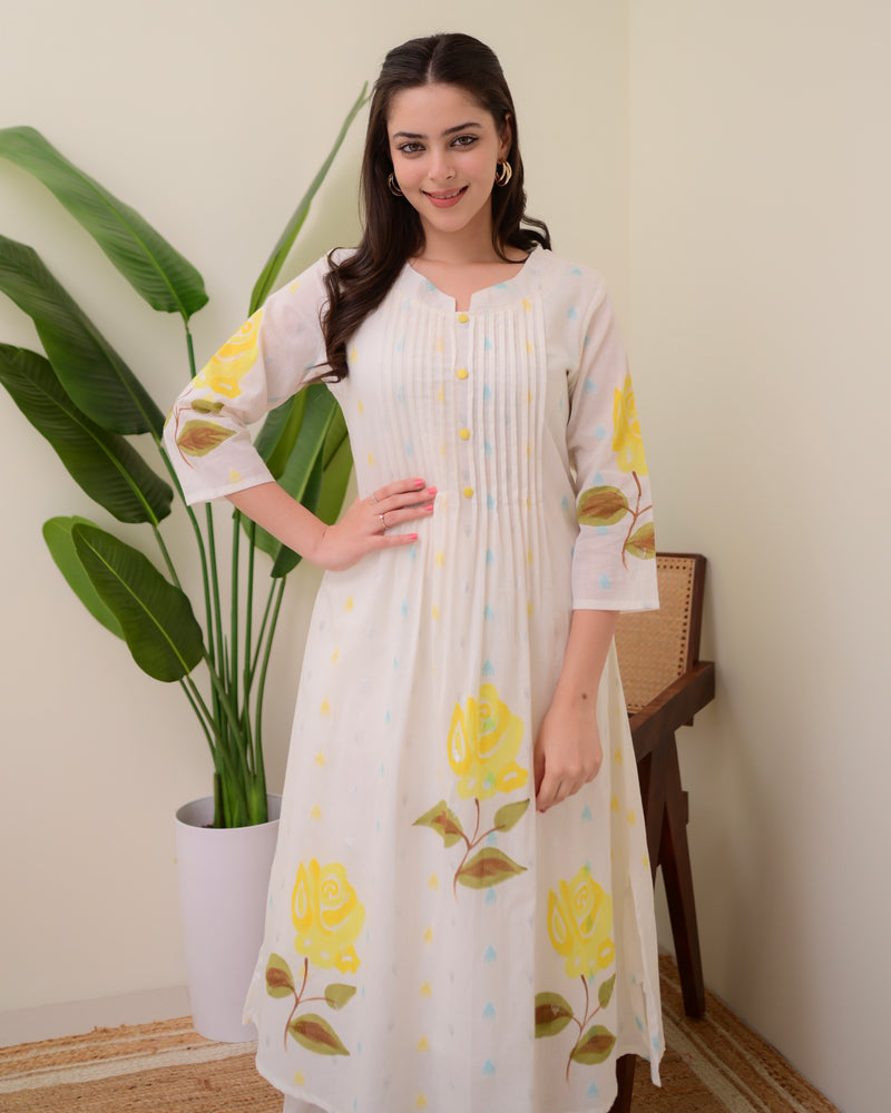 Yellow Rose Pintex Mul Cotton A Line Kurta Set