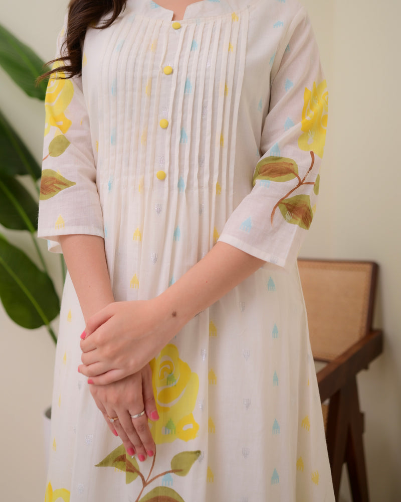 Yellow Rose Pintex Mul Cotton A Line Kurta Set