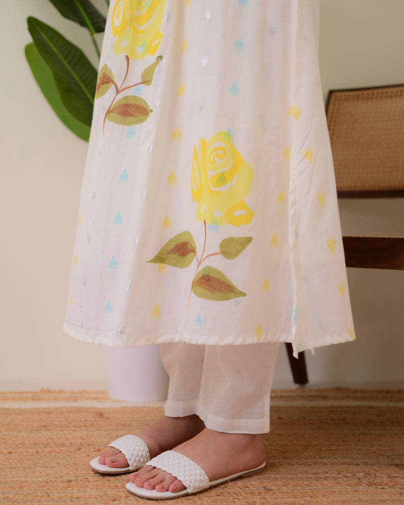 Yellow Rose Pintex Mul Cotton A Line Kurta Set