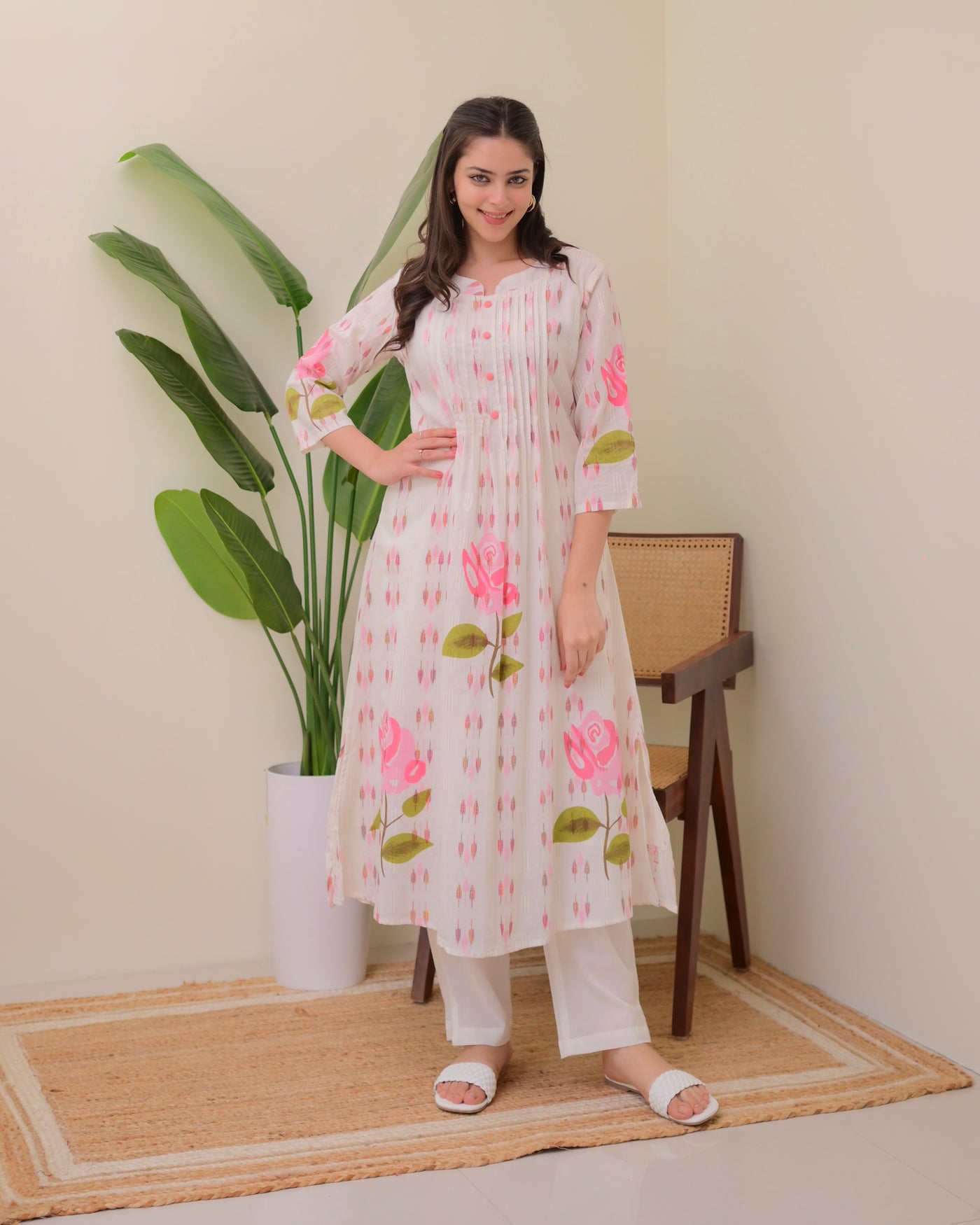 Pink Rose Pintex Mul Cotton A Line Kurta Set