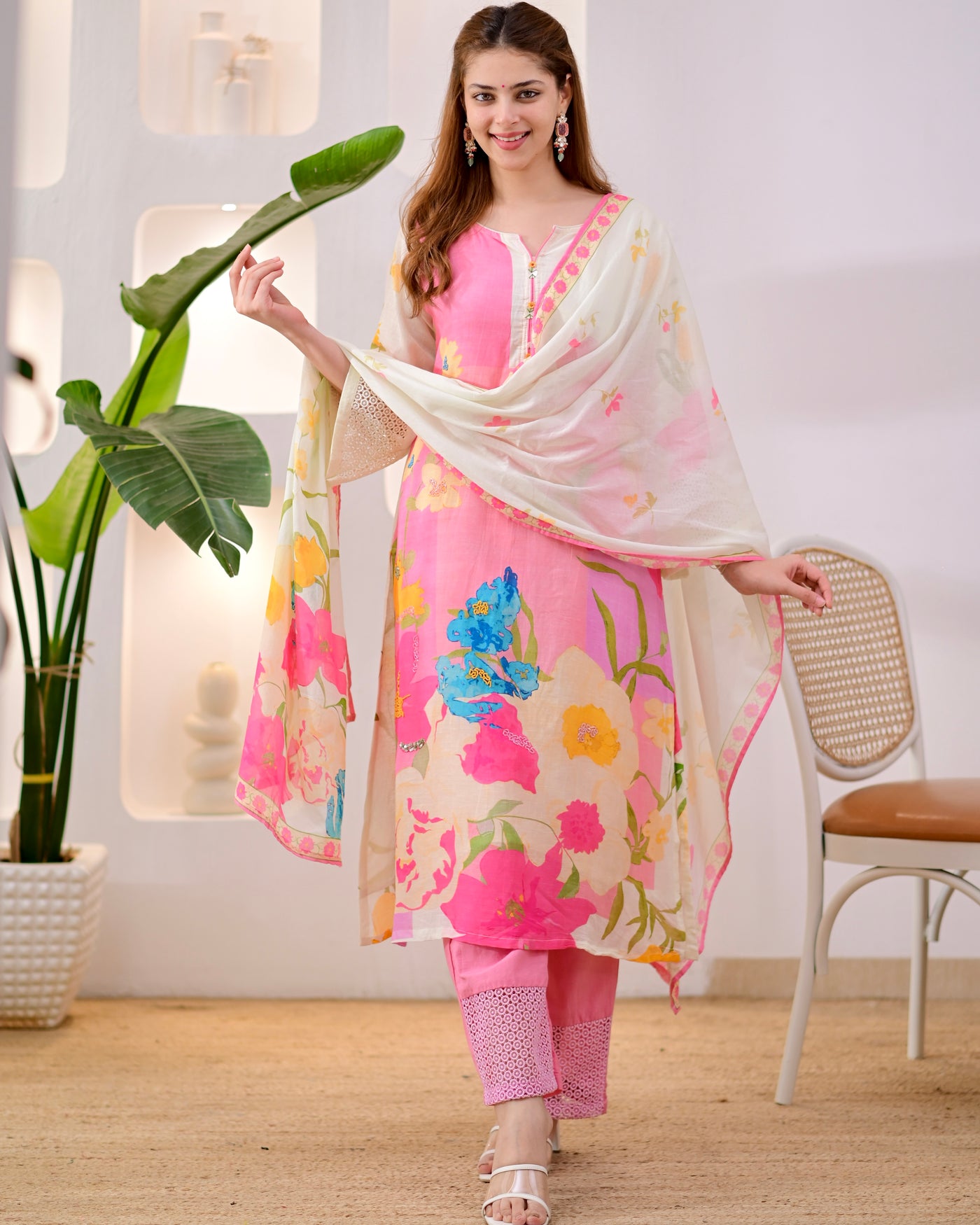 Pink Pastel Paradise Linen Cotton Handwork Suit