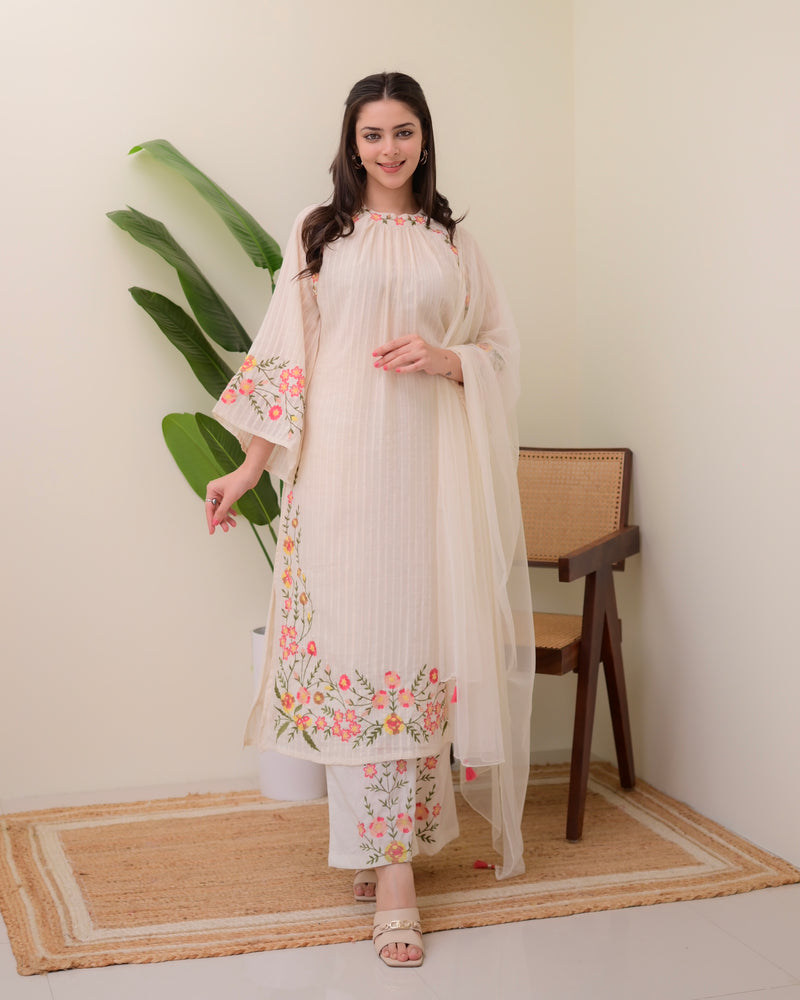 Ivory Threadwork A Line Cotton Pakistani Suit