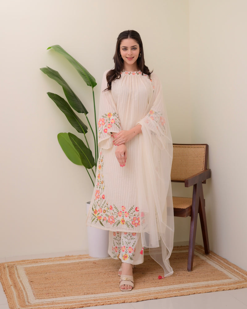 Ivory Threadwork A Line Cotton Pakistani Suit